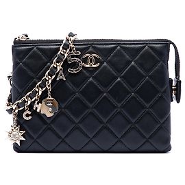 Chanel Black CC Quilted Lambskin Coco Charms Chain Wristlet Pouch Nero