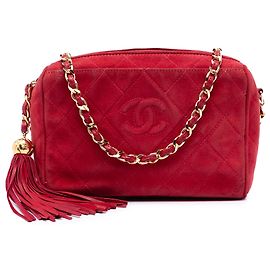 Chanel Red CC Quilted Suede Tassel Diamond Camera Bag Red
