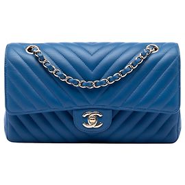 Chanel Blue Medium Classic Chevron Lambskin Double Flap Bleu