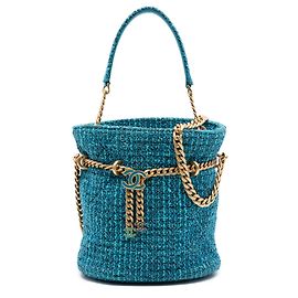 Borsa a secchiello Chanel Blue Tweed Pending CC Top Handle Blu Turchese