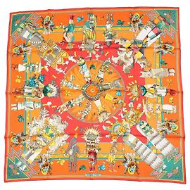 Carré Hermès Kachina par Kermit Oliver 90 cm Soie Orange Marron Rose Blanc Rouge Bleu Vert Orange Jaune