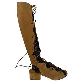 Saint Laurent Babies Tall Gladiator Lace-Up Sandals in Beige Suede Beige