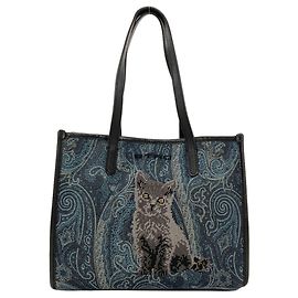 Etro Paisley Pattern Cat Embroidered Tote Bag Blue