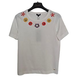 Camiseta Escada blanca de algodón con flores de strass Blanco Roja Azul Amarillo