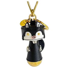 Porte-clés Robot Beaver en cuir Saffiano Prada Noir Blanc Doré