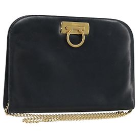 Borsa a tracolla Salvatore Ferragamo Gancini in catena di pelle blu navy e oro Auth ka4772 D'oro Blu navy