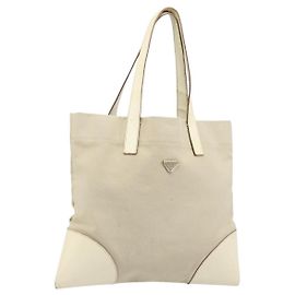 PRADA Tote Bag Canvas Beige Silver Auth 186830 Silvery Beige
