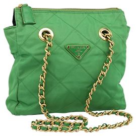 Borsa a Spalla con Catena PRADA Nylon Verde Oro Auth 186013A D'oro Verde