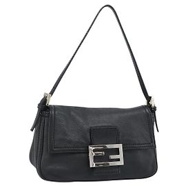FENDI Mamma Baguette Schultertasche aus Leder Schwarz Silber Authentisch 187091SAM Schwarz Silber