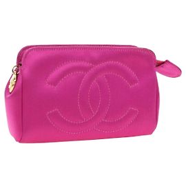 CHANEL Pouch Satin Pink Gold CC Auth 186009SAM Pink Golden