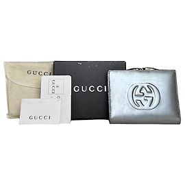 Vintage Gucci Leather Wallet Silver Gold-Tone Hardware Silvery