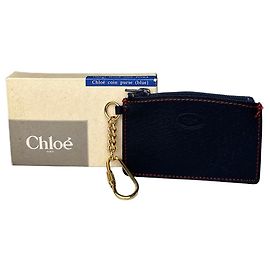 Vintage Chloé Leather Coin Purse Navy Red Stitching Gold Navy blue