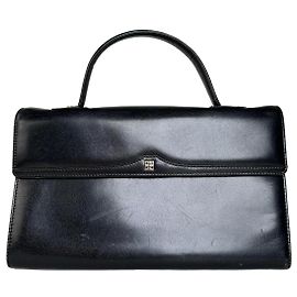 Vintage Givenchy Structured Leather Handbag Black Gold Black