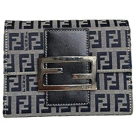 Vintage Fendi FF Monogram Canvas Wallet Navy Beige Silver Navy blue