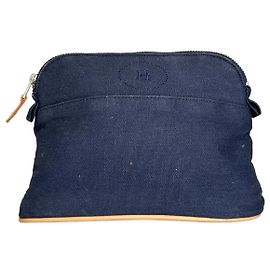 Hermès Vintage Hermes Canvas Pouch Navy Leather Trim Silver Navy blue