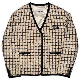 Miu Miu Giacca in Lana Bouclé Logo Ricamato 2023 Nero Crema
