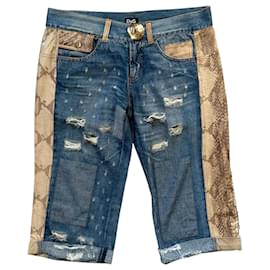 Dolce & Gabbana Python Print Patchwork Denim Shorts Brown Blue