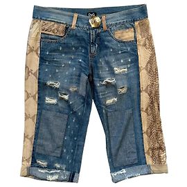 Dolce & Gabbana Short de Denim Patchwork Estampado Pitón Castaño Azul