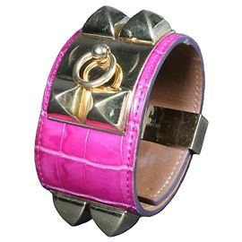 Hermès Collier de Chien pulseira crocodilo rosa e ouro Rosa Dourado