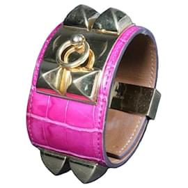 Hermès Collier de Chien Pink Crocodile Leather Gold Cuff Bracelet Pink Golden