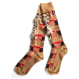 Miu Miu Fall 2009 Embellished Plaid Knee-High Socks Brown Red Beige