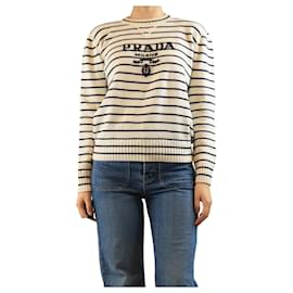 Prada Gestrickter Pullover mit Logo in Creme - Größe S Roh