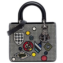 Lady Dior en cuir de veau noir à empiècements microcannage en mesh, taille Medium Autre
