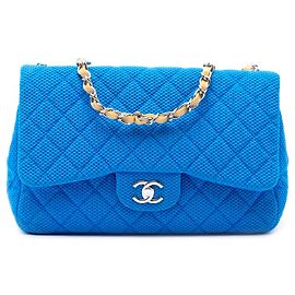 Chanel Blue Jumbo Classic Perforated Jersey Single Flap Blu