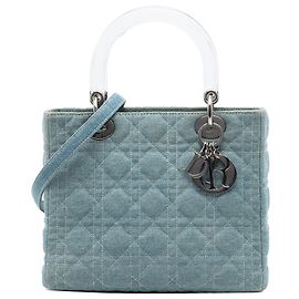 Lady Dior in Blue Denim, Größe Medium, mit Cannage Acrylgriffen Blau Andere