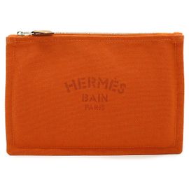 Hermès Pochette plana de lona e couro Hermes Laranja