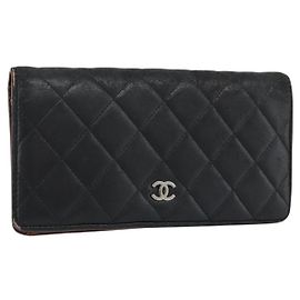 CHANEL Matelasse Long Wallet Lamb Skin Black Silver CC Auth 180933 Black Silvery
