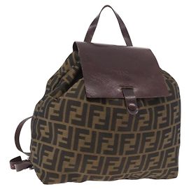 FENDI Zucca Canvas Backpack Nylon Brown Black Auth 187667 Brown Black