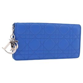 Christian Dior Canage Long Wallet Lammfell Blau Silber Auth 186139M Silber Blau