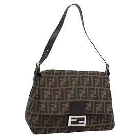 FENDI Zucca Canvas Mamma Baguette Shoulder Bag Black Brown Auth 187565SAV Brown Black