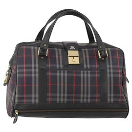 Burberrys Nova Check Boston Bag Canvas Navy Gold Auth 184536 Golden Navy blue