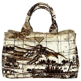 Prada Canapa Triangle Logo Hardware Printed Canvas Tote Bag Brown Cream