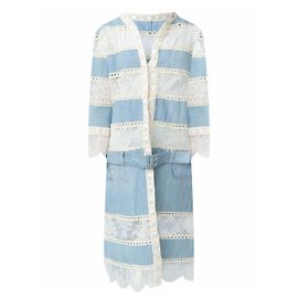 Christian Dior Boutique Giacca lunga patchwork denim e pizzo Bianco Blu