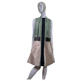 Balenciaga Colorblock Kleid mit Lederdetails Schwarz Beige Grün