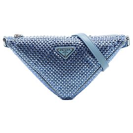 Prada Blue Satin Crystal Embellished Triangle Shoulder Bag Blue Light blue