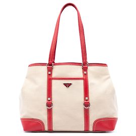 Prada Beige Studded Leather Trimmed Canvas Front Pocket Tote Beige
