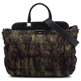 Bolsa Prada Brown Tessuto Gaufre Camouflage Frame Satchel Marrom Caqui
