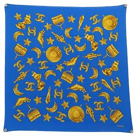 LENÇO CHANEL MOTIVO LOGO CC ESTRELA DA LUA QUADRADO 90 SEDA AZUL SILK SCARF Azul