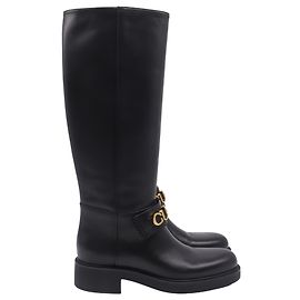 Gucci Logo-Plaque Kniehohe Stiefel aus schwarzem Leder Schwarz