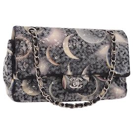 CHANEL Double Flap Chain Space Pattern Bag Canvas Black Silver CC Auth 187039SAM Black Silvery