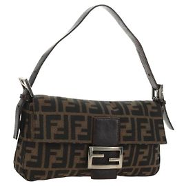 FENDI Zucca Canvas Mamma Baguette Shoulder Bag Black Brown Auth 186044SAM Marron Noir