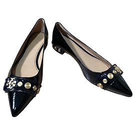 Tory Burch Studded Pointed Toe Patent Leather Flats - Black Black