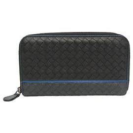 Bottega Veneta Intrecciato Round Zip Leather Long Wallet Black Blue