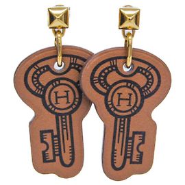 Hermès Brincos pendentes de couro e metal Hermes H Curiosité Cre Marrom