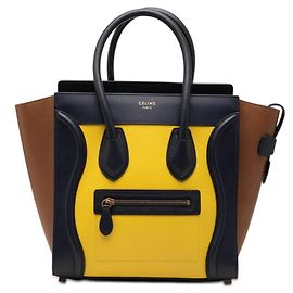 Céline Sac à main cabas Celine Luggage Micro Shopper Marron Jaune Bleu Marine