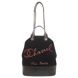 Bolsa de ombro 2-Way de lã e couro bordada Chanel Preto
